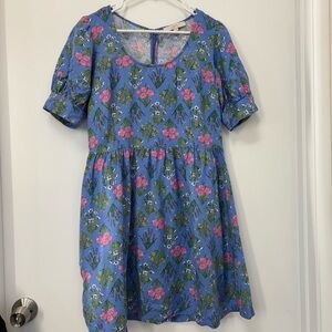 LOFT Linen Periwinkle Floral Print Puff Sleeve Mini Dress Women Size 8 NWOT